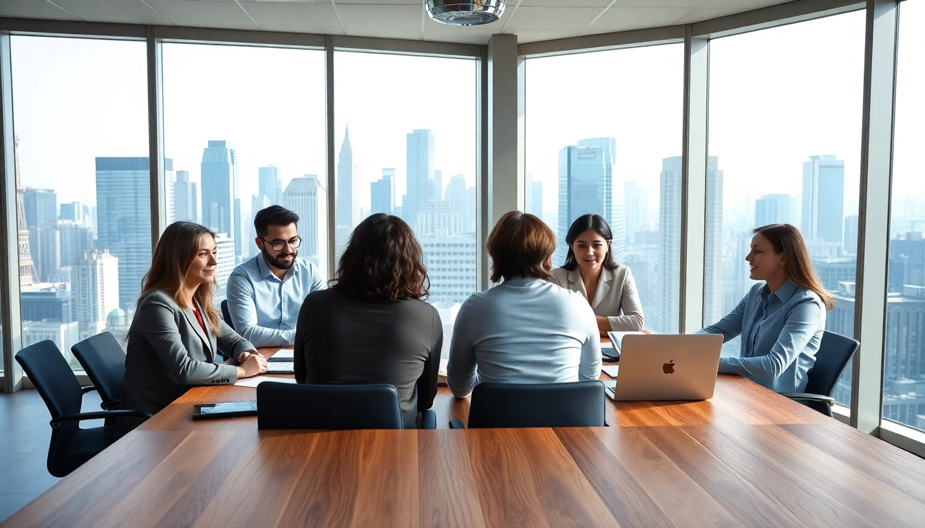Business professionals collaborating in a modern meeting room with laptops and city view.