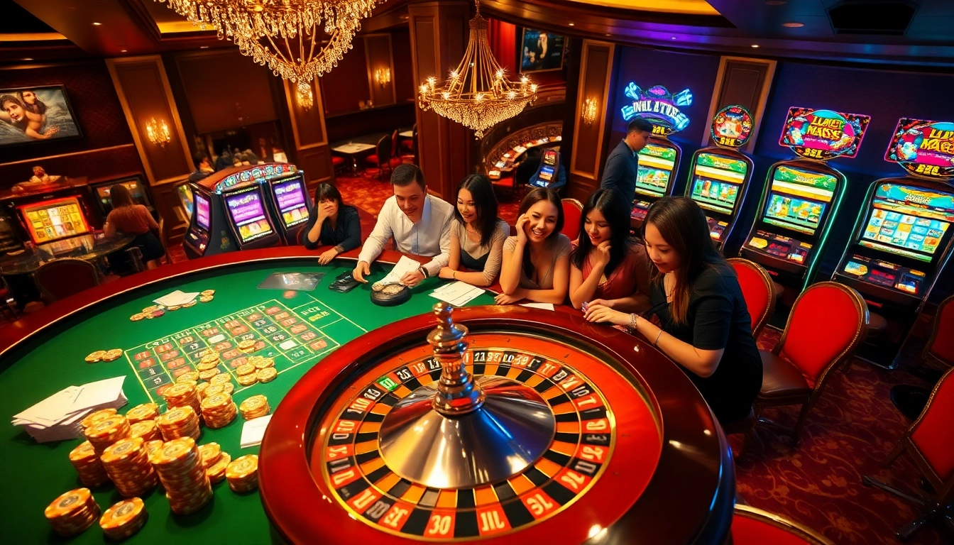 Exciting roulette game scene at 32wim casino with enthusiastic players and vibrant gaming tables.