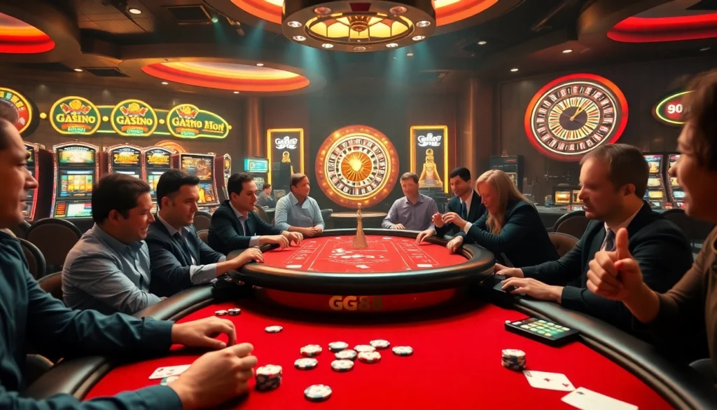 House of Nhà cái GG88 featuring an exciting poker game with players and vibrant slot machines.