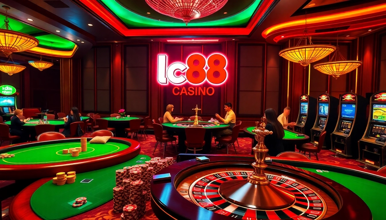 Excited players at a luxurious casino table showcasing lc88 bio branding with vibrant poker chips and roulette wheels.