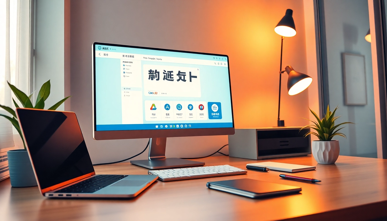 Professional workspace featuring 有道词典 on a modern computer setup, representing language learning.