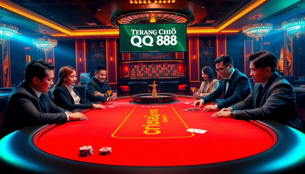 Experience thrilling poker action at Trang Chủ QQ88 in a luxurious casino setting.