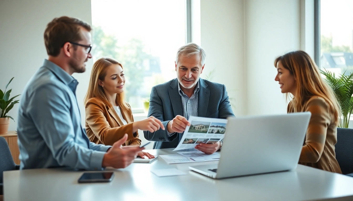 Real Estate agent assisting clients in a modern office during a property consultation.