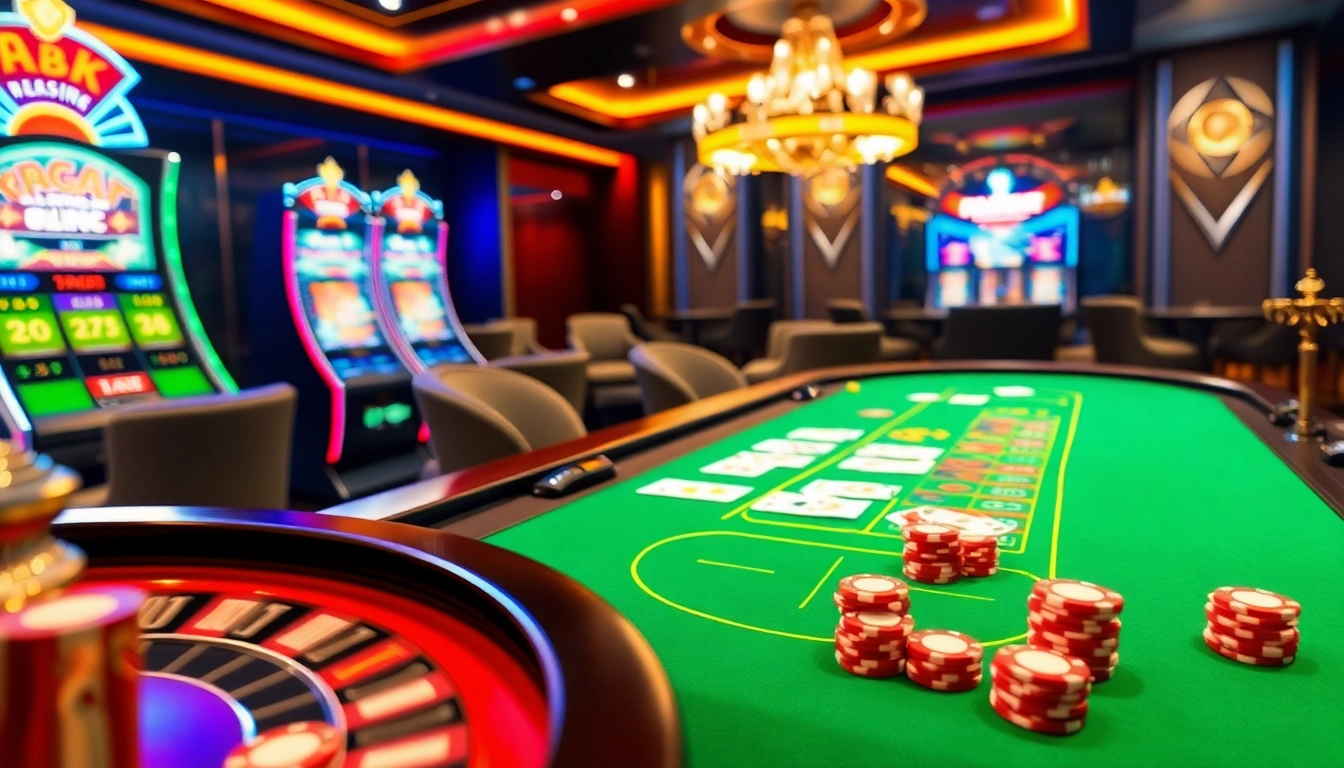 i9bet gaming scene with blackjack table and vibrant slot machines, showcasing excitement in online gambling.