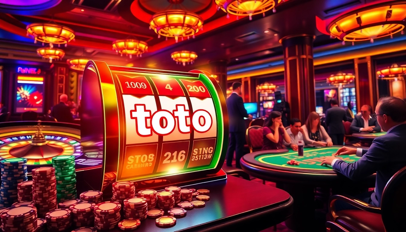 Toto slot machine surrounded by casino chips and a roulette wheel in a luxurious casino setting.