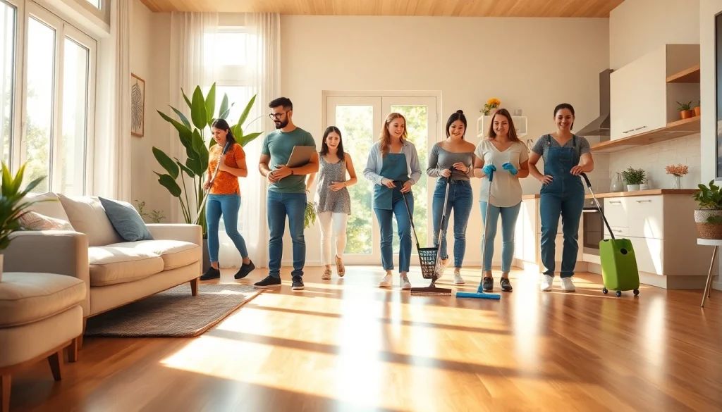 Efficient cleaning service team in a sparkling clean home showcasing their attention to detail.