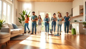 Efficient cleaning service team in a sparkling clean home showcasing their attention to detail.