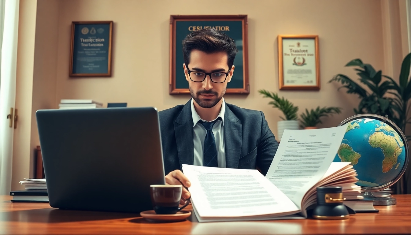 Traductor jurado working in an elegant office with official legal documents and a certification plaque.