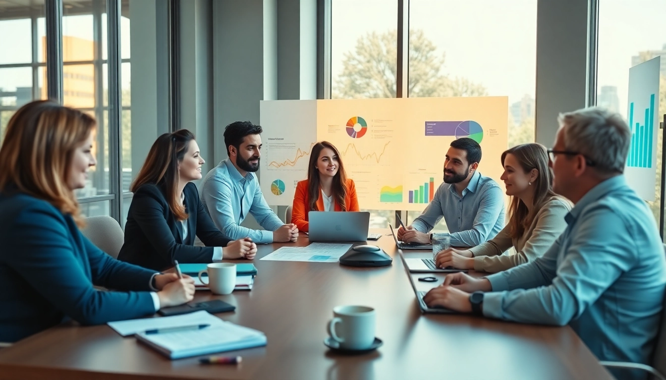 Engaged team discussing strategies at a Florida Marketing Agency meeting with vibrant charts.