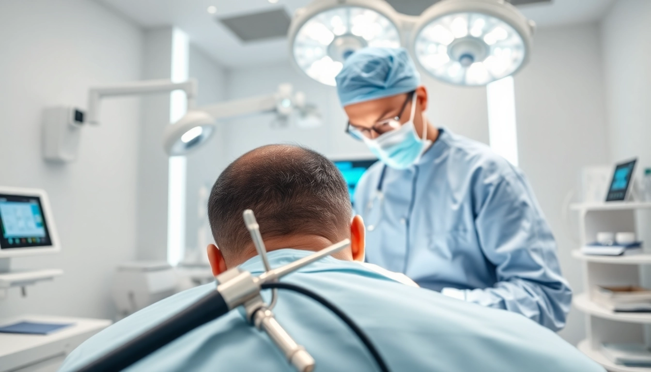 Performing a hair transplant london procedure in an advanced medical clinic.