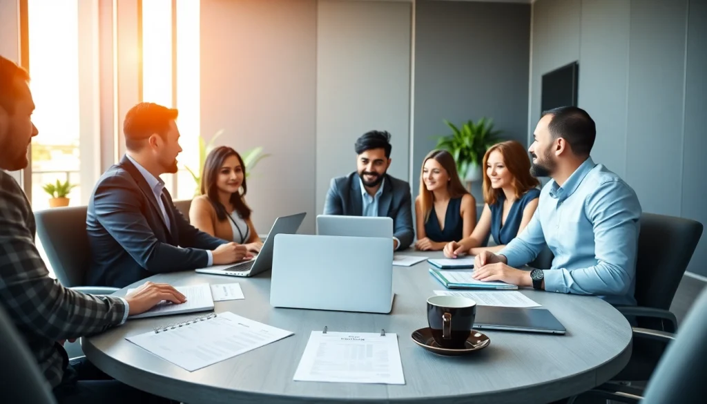 Business team collaborating in a modern conference room during a strategic meeting