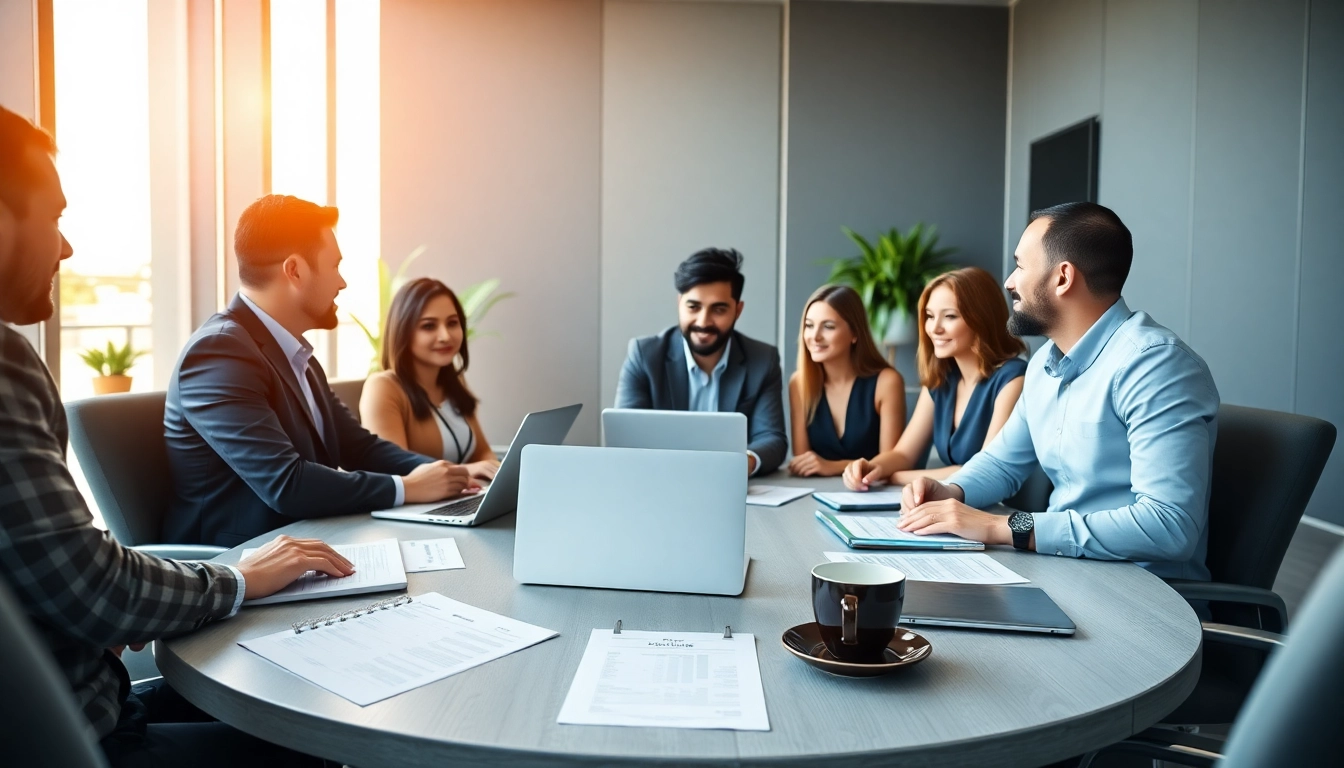 Business team collaborating in a modern conference room during a strategic meeting