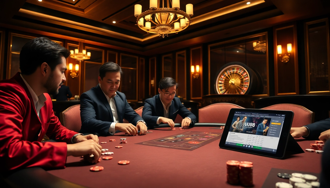 Exciting poker game scene with players and uu88 online gambling interface.