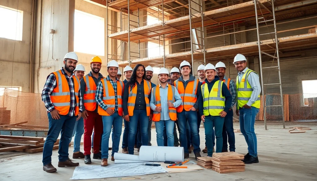 Engaged workers showcasing Careers in construction at an active building site.