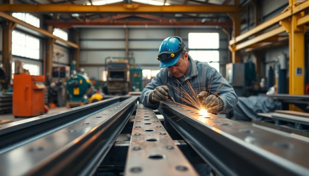 Showcase of structural steel fabrication with technicians welding and cutting steel beams in a workshop.