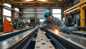 Showcase of structural steel fabrication with technicians welding and cutting steel beams in a workshop.