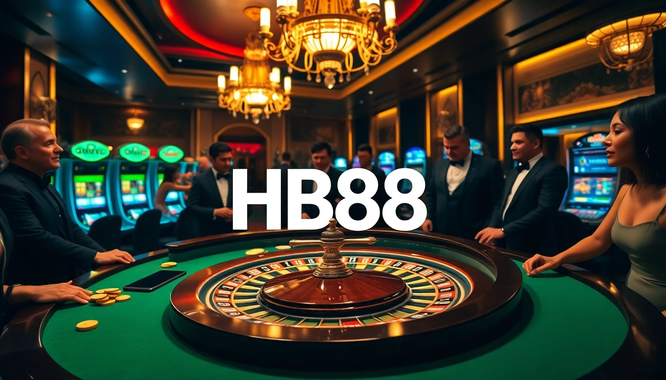 HB88 logo at a luxurious roulette table with players excitedly betting in a vibrant casino.
