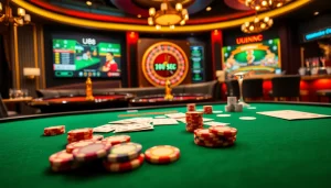 UU88 poker game scene with colorful chips and cards set in an upscale casino environment.