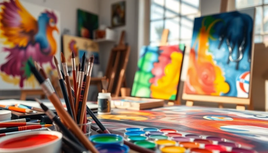 Explore vibrant acrylic paint tools and artworks featured on https://acrylicpedia.com in an artist studio setting.