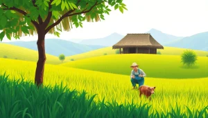 Petani toto bekerja di ladang hijau yang subur dengan suasana damai di sekelilingnya