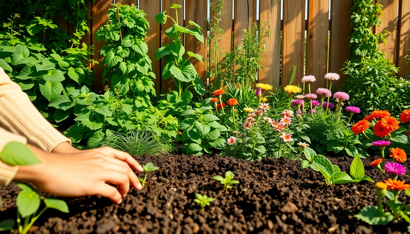 Gardening scene with hands planting herbs in rich soil, conveying care and growth.
