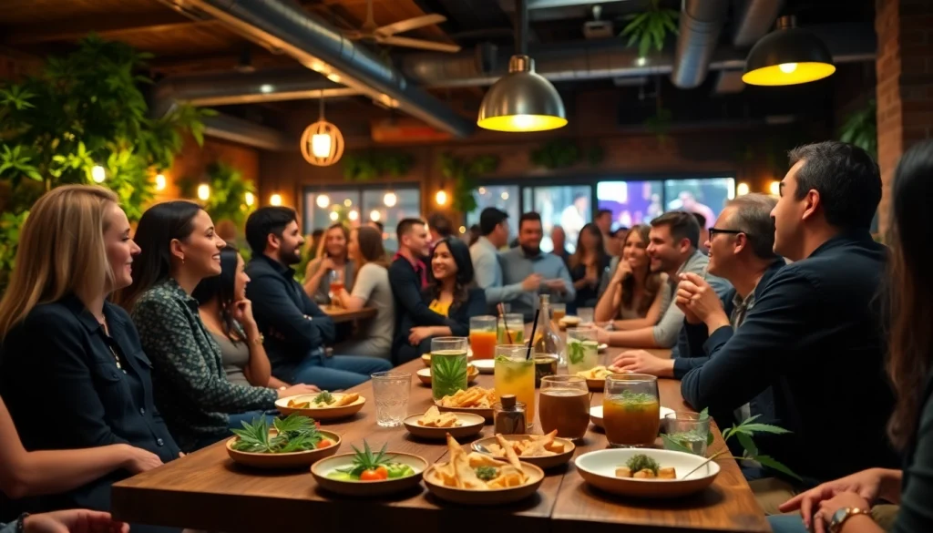 Engaged members enjoying a vibrant atmosphere in a cannabis club setting with snacks and drinks.