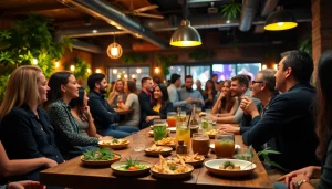 Engaged members enjoying a vibrant atmosphere in a cannabis club setting with snacks and drinks.