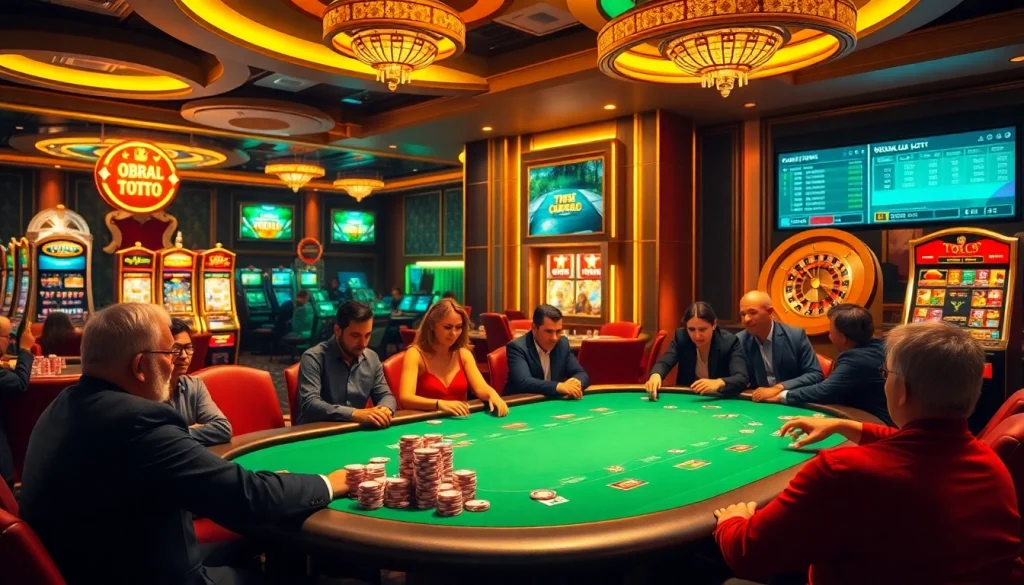 Penggemar perjudian menikmati permainan poker yang menarik yang menampilkan elemen Obral Toto dan dekorasi kasino yang berwarna-warni.