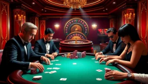THABET casino table scene with players strategizing their poker hands amid vibrant decor.