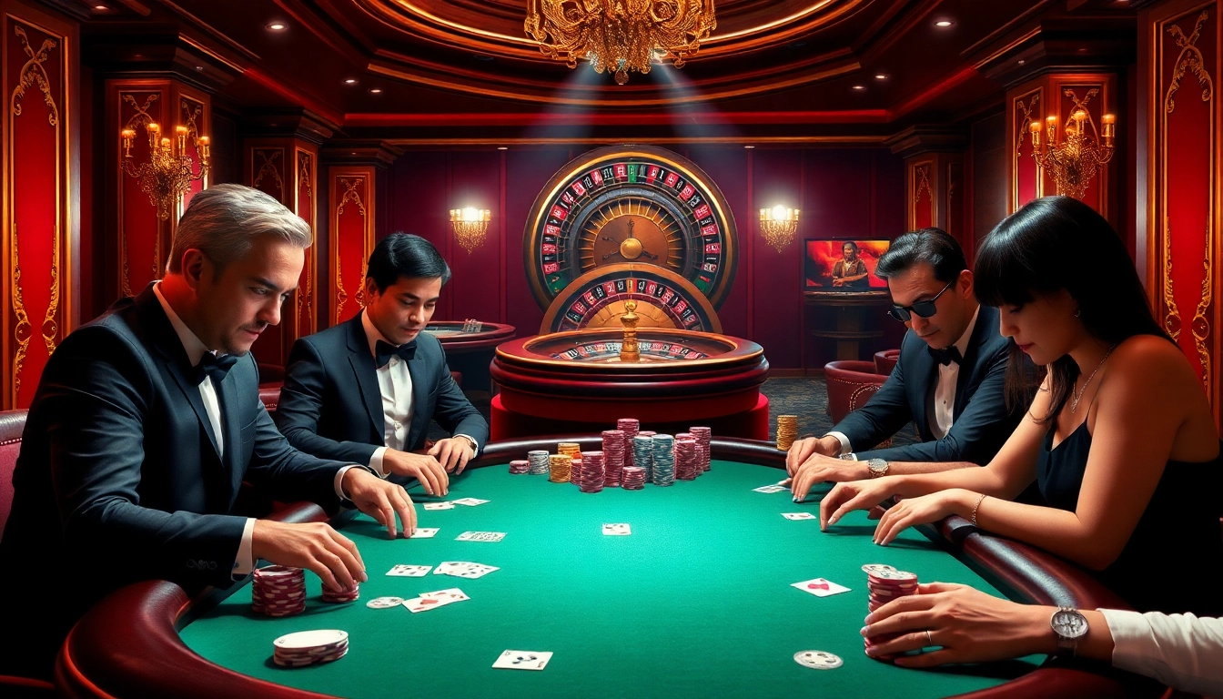 THABET casino table scene with players strategizing their poker hands amid vibrant decor.