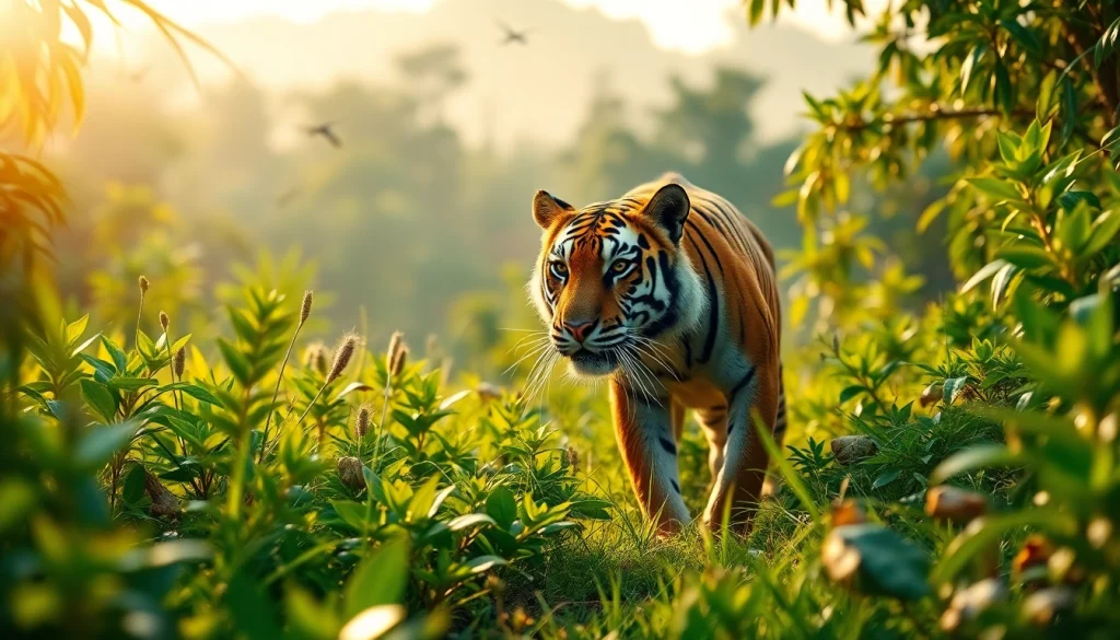 Admirez la scène sauvage sur pandachi.fr avec un tigre majestueux dans la jungle indienne.