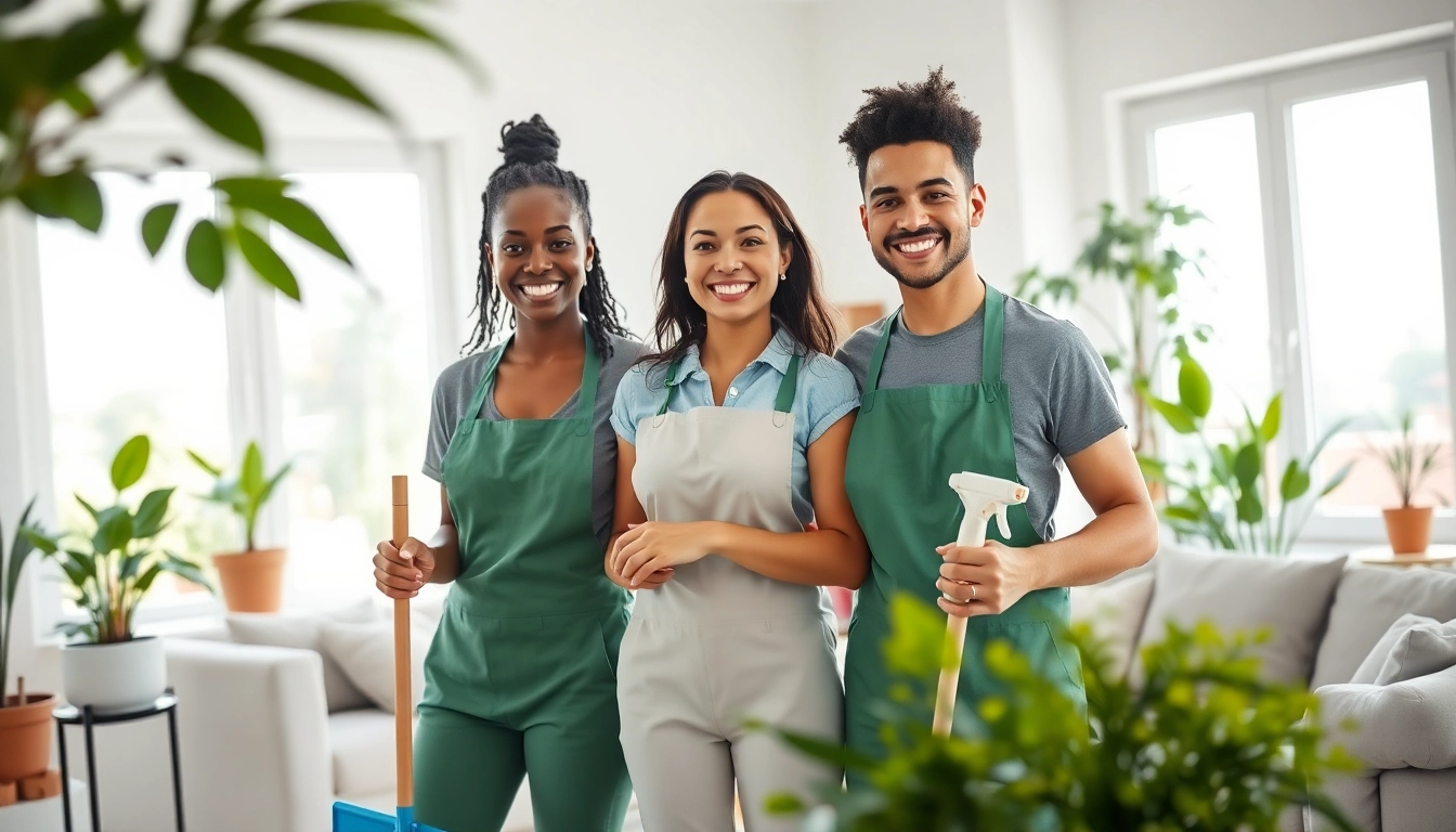 Cleaning service professionals in a sunny living room, showcasing a clean and organized space.