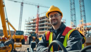 Careers in construction illustrated by a professional at work on a lively construction site.