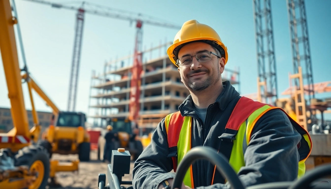 Careers in construction illustrated by a professional at work on a lively construction site.
