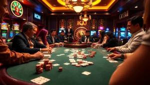 Excited players enjoy a thrilling game of poker at KJC COM casino, capturing the essence of gambling excitement.