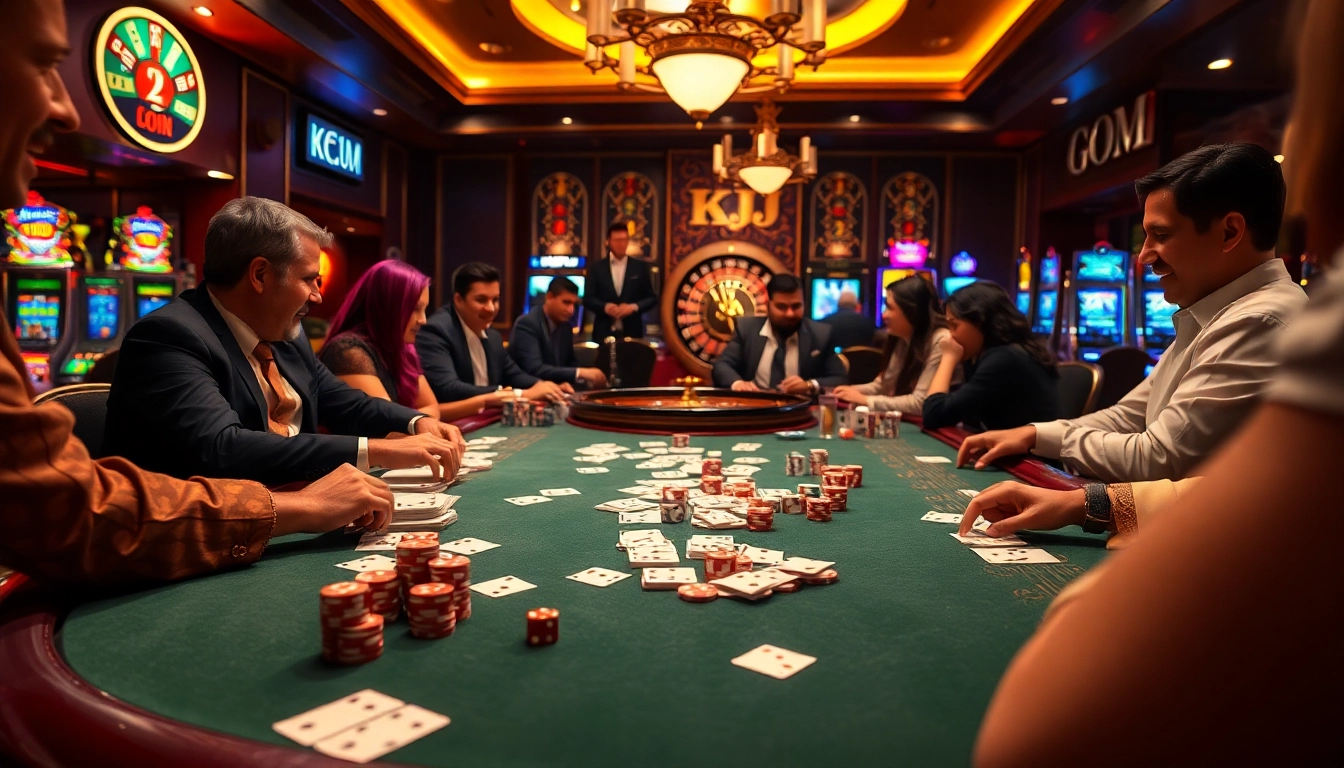 Excited players enjoy a thrilling game of poker at KJC COM casino, capturing the essence of gambling excitement.