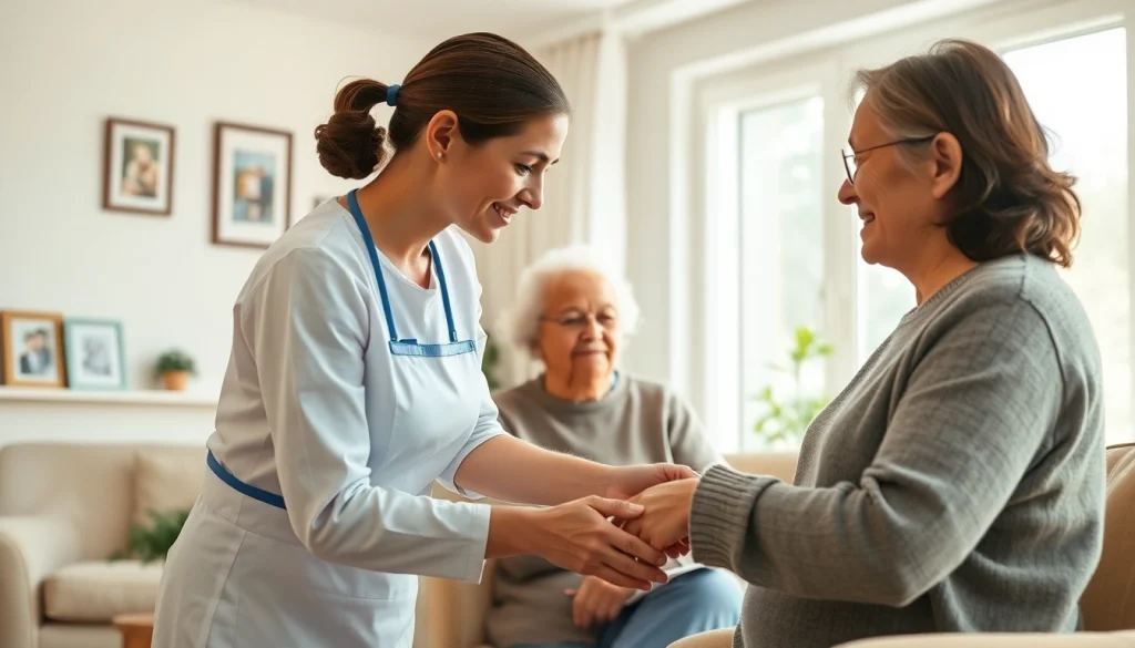 Elderly care maid providing assistance to an elderly person in a warm and comforting home environment.