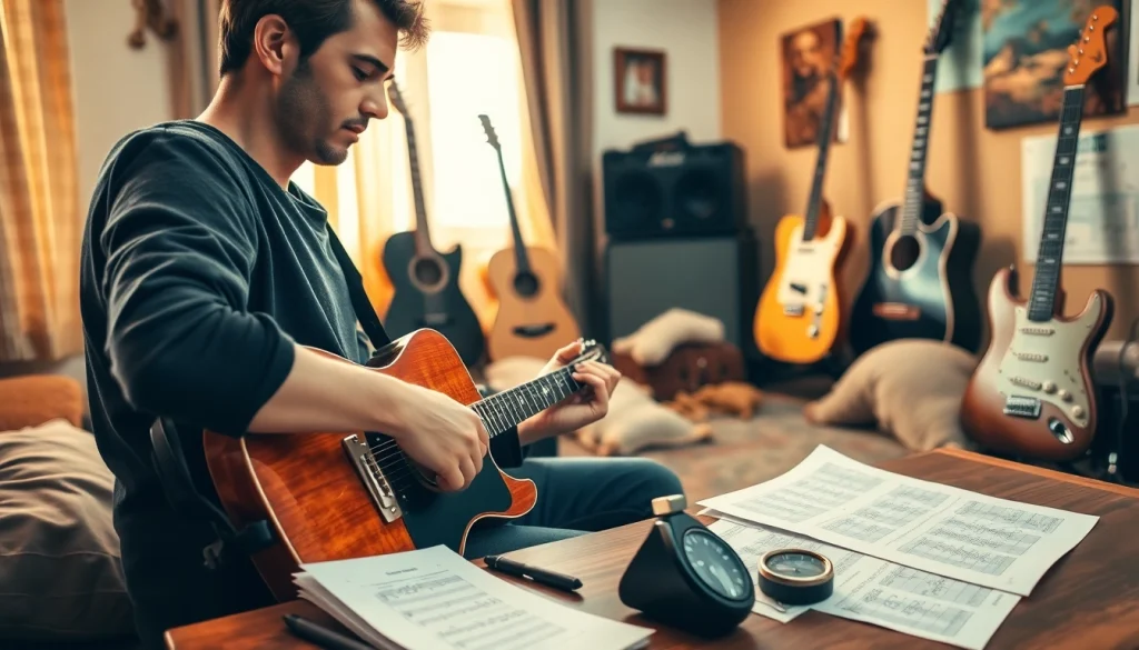 Play guitar with https://guitarlessons.co.uk in a cozy studio, showcasing a dedicated musician.