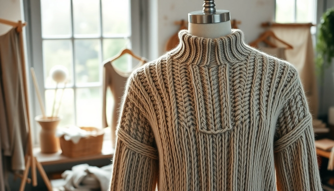 Showcase hand-knitted clothing from https://www.ound-ound.com in a rustic, sunlit studio.