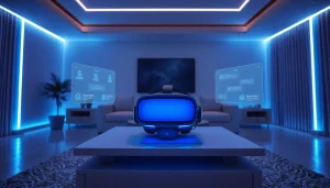 Immersive virtual reality setup showcasing sex AI applications in a modern living room.