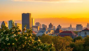 Experience the stunning cityscape of Almaty, Kazakhstan, at sunset showcasing https://albmaftoh.com.