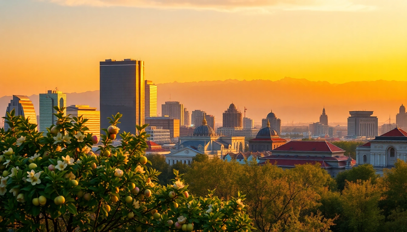 Experience the stunning cityscape of Almaty, Kazakhstan, at sunset showcasing https://albmaftoh.com.