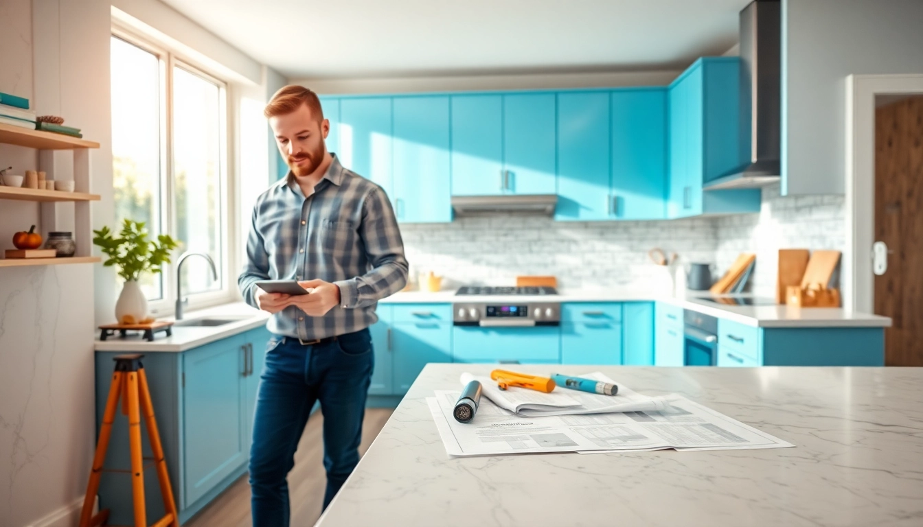 Transforming the kitchen with home renovation techniques, showcasing modern design elements and tools.