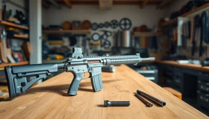 Showcasing super safety ar15 components on a worktable, highlighting quality craftsmanship.