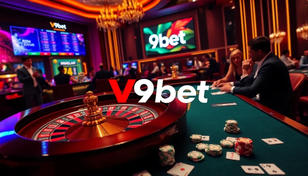 Experience the excitement of V9bet in a luxurious casino setting with active gameplay and vibrant roulette.