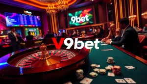 Experience the excitement of V9bet in a luxurious casino setting with active gameplay and vibrant roulette.