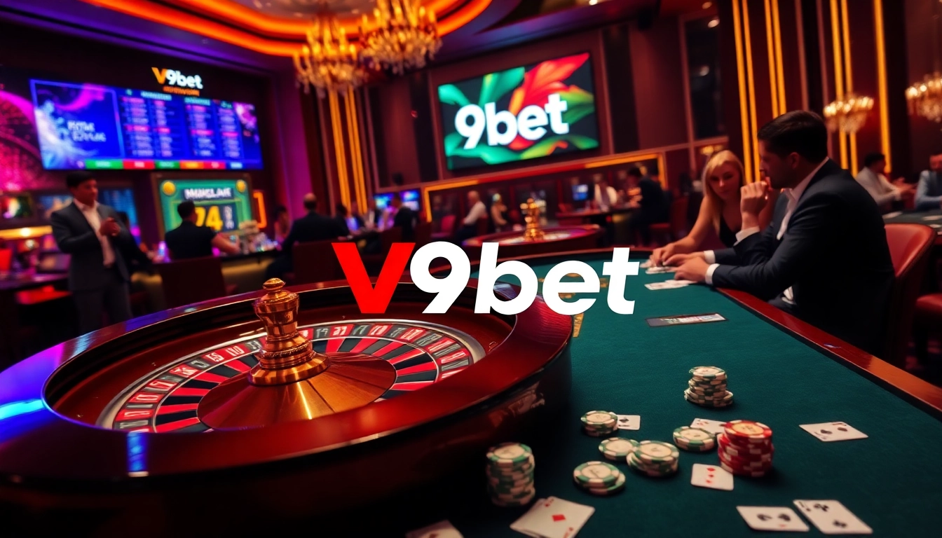Experience the excitement of V9bet in a luxurious casino setting with active gameplay and vibrant roulette.