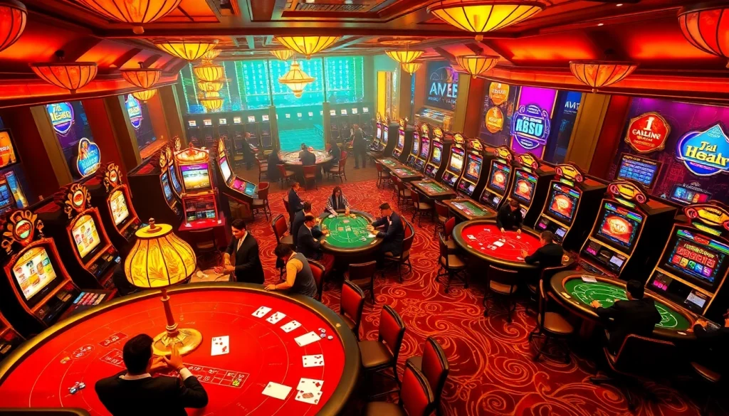 Gamblers experiencing excitement at Nhà cái vua99 casino tables with vibrant games.