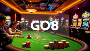 GO8 online casino scene showcasing vibrant poker tables, exciting slot machines, and thrilling gameplay.