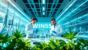 Scientists researching WIN55 in a modern lab setting, highlighting cannabinoid applications.